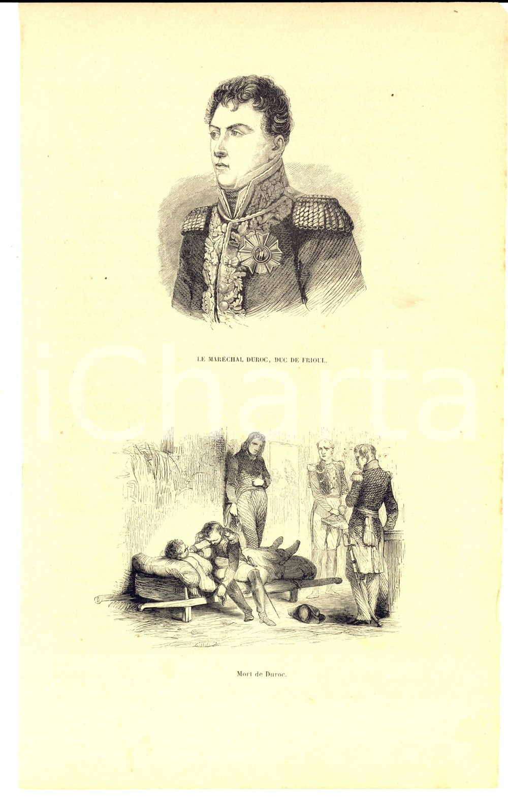 Stampa, bozzetto originale 1850 ca Maréchal DUROC et sa mort  Stampa NAPOLEONICA cm 17x27 1