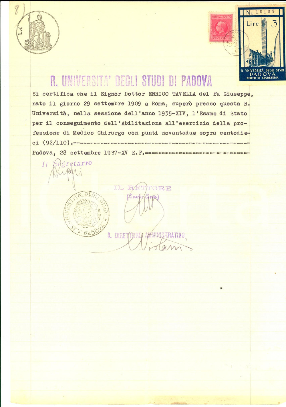 Documento originale, autentico 1937 UniversitÃ  PADOVA Abilitazione di Enrico TAVELLA alla professione medica 1