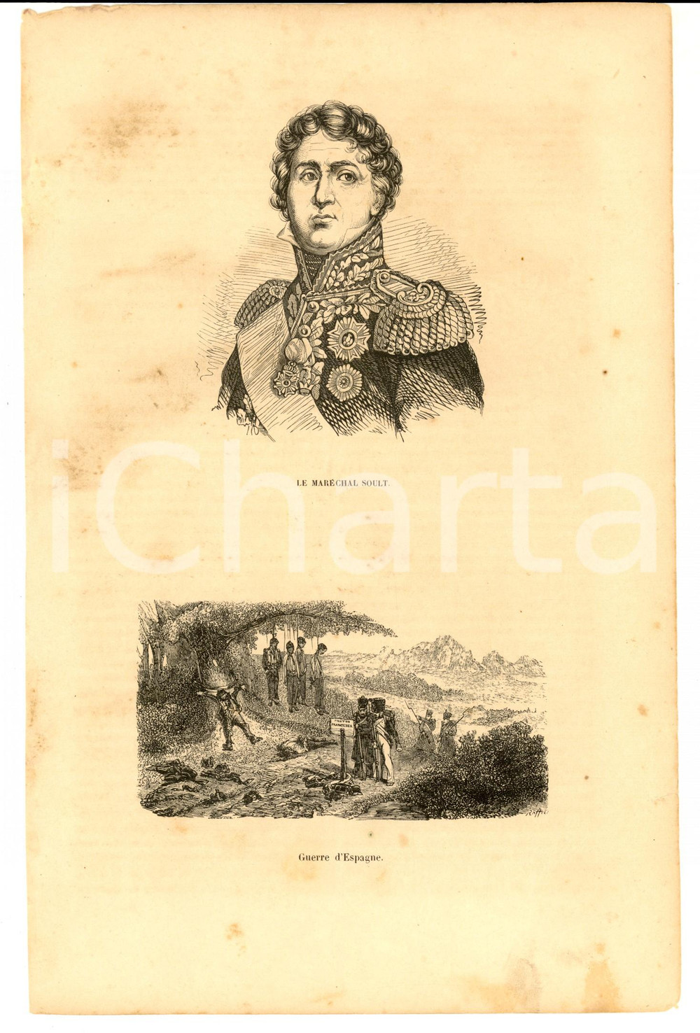 Stampa, bozzetto originale 1850 ca Maréchal SOULT  Guerre d Espagne Stampa NAPOLEONICA cm 17x27 1