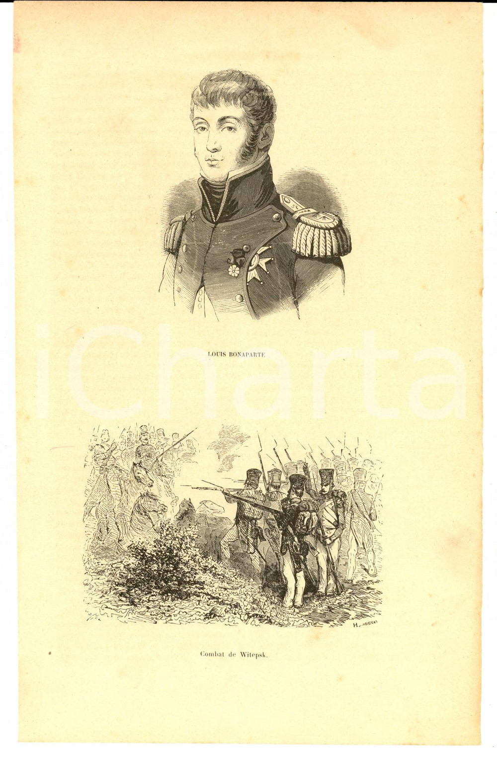 Stampa, bozzetto originale 1850 ca Louis BONAPARTE  Combat de WITEPSK Stampa NAPOLEONICA cm 17x27 1