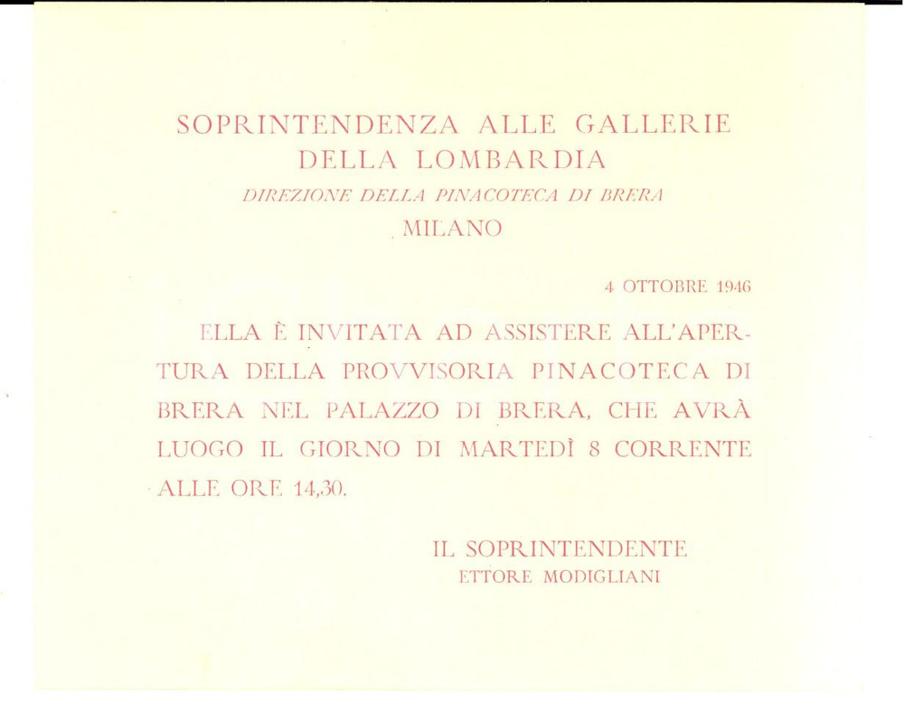 Oggetto da collezione cartaceo 1946 MILANO Pinacoteca di BRERA Invito per l apertura provvisoria dopo la guerra 1