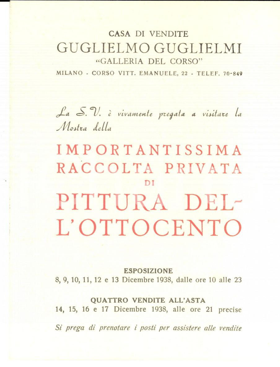 Oggetto da collezione cartaceo 1938 MILANO Casa di vendite GUGLIELMO GUGLIEMI Invito asta pittura  800 1