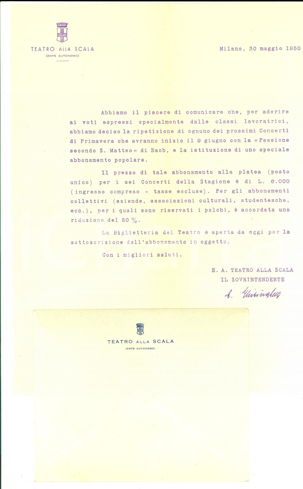 Materiale pubblicitario d’epoca 1950 MILANO TEATRO ALLA SCALA Lettera pubblicitaria per i Concerti di Primavera 1