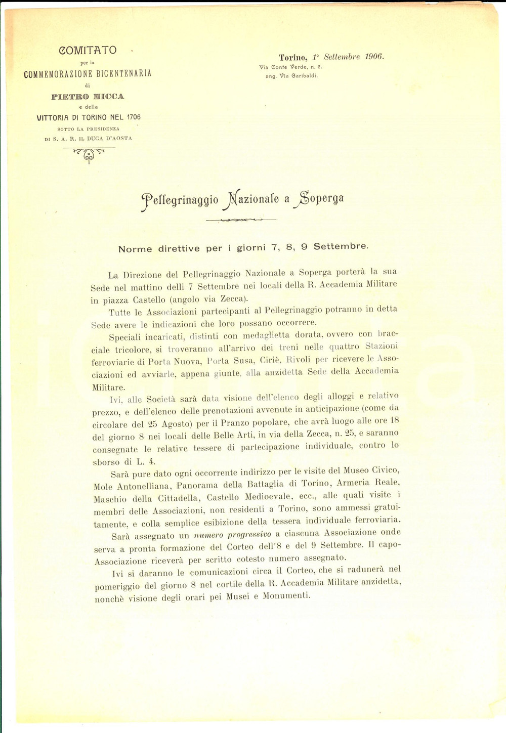 Manoscritto, lettera originale 1906 TORINO Pellegrinaggio a SUPERGA per bicentenario PIETRO MICCA  Norme 1