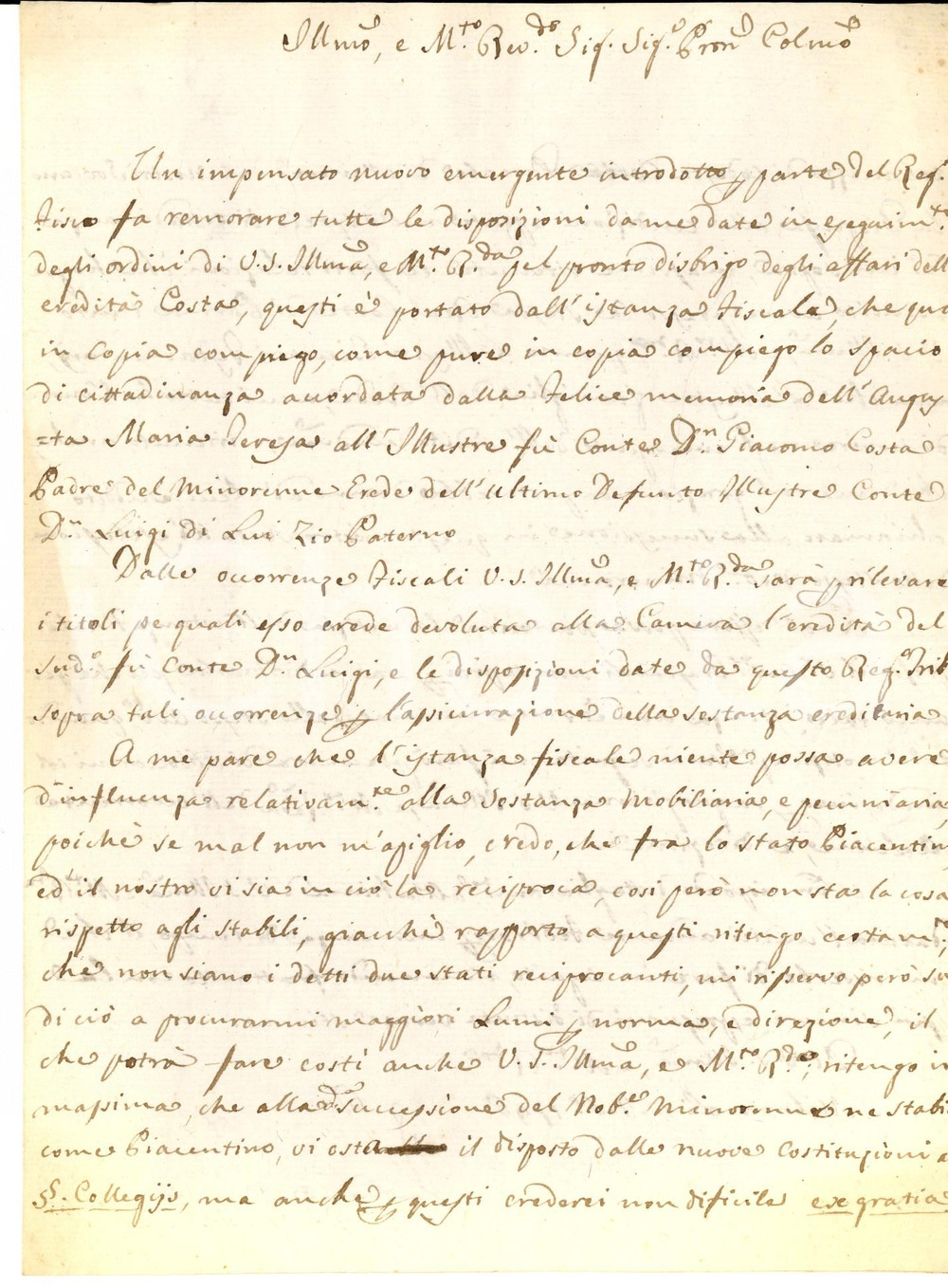 Manoscritto, lettera originale 1796 MILANO Giovanni VISCONTI sul destino dell ereditÃ  del conte Luigi COSTA 1