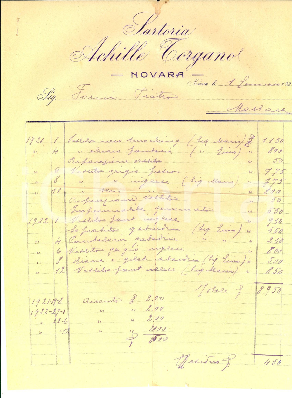 Manoscritto, lettera originale 1925 NOVARA Sartoria Achille TORGANO Conto manoscritto per vestito inglese 1