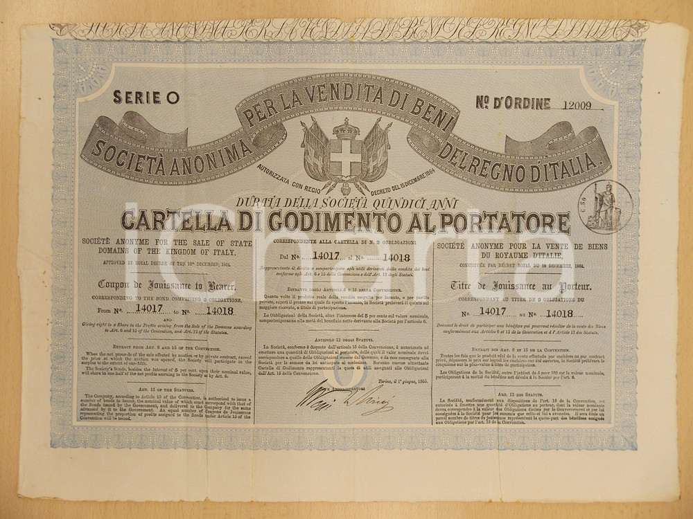 Oggetto da collezione cartaceo 1865 TORINO SocietÃ  anonima per la vendita dei beni del Regno Cartella 1