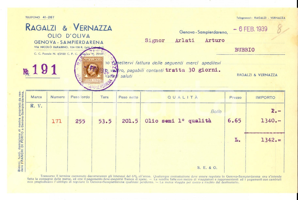 Documento originale, autentico 1939 GENOVA SAMPIERDARENA Ditta RAGALZI & VERNAZZA olio d oliva Fattura 1