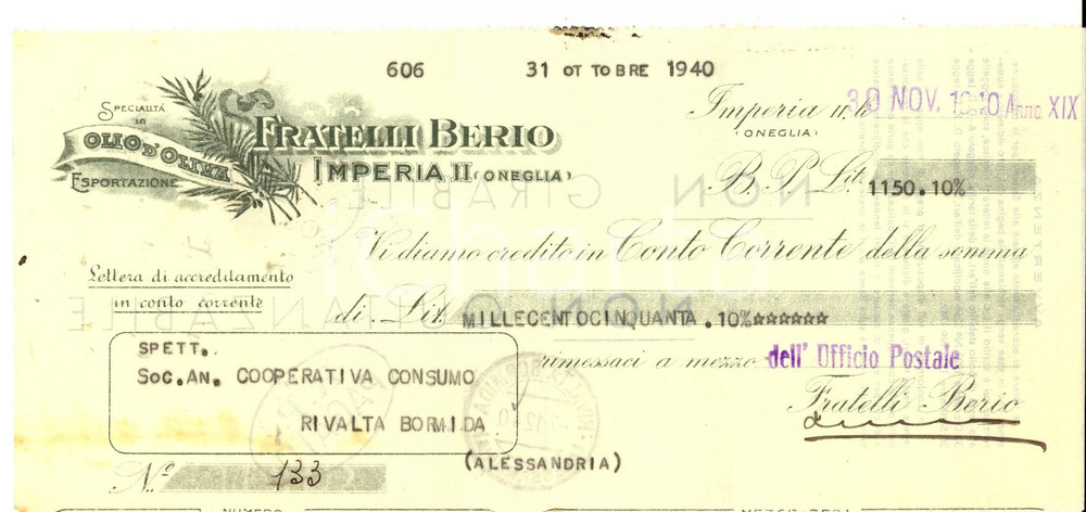 Documento originale, autentico 1940 ONEGLIA IM Ditta FRATELLI BERIO olio d oliva Assegno pubblicitario 1