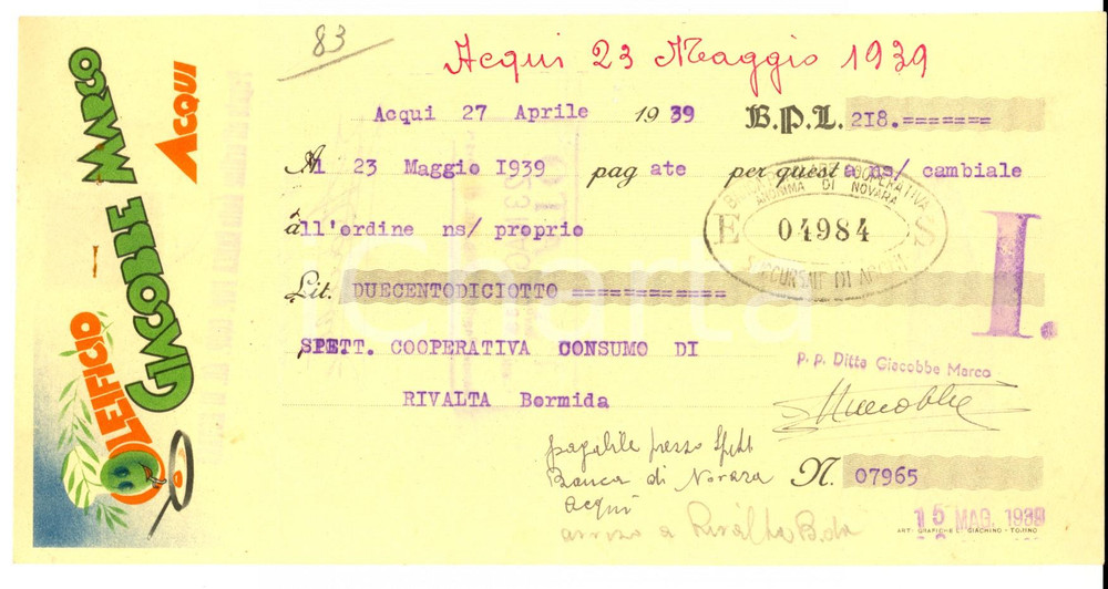 Documento originale, autentico 1939 ACQUI TERME AL Oleificio Marco GIACOBBE Assegno pubblicitario 1