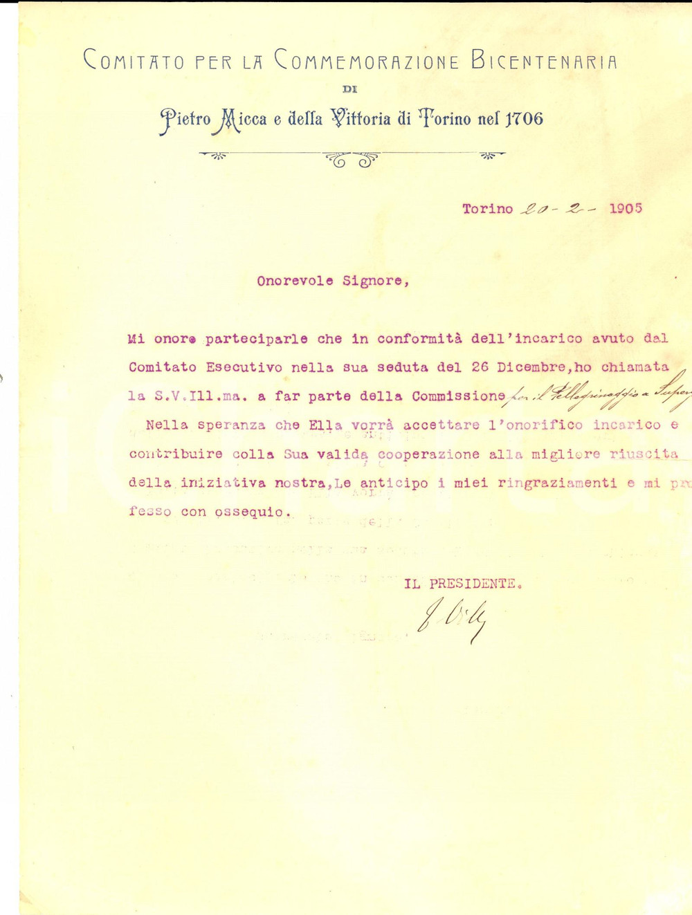 Manoscritto, lettera originale 1905 TORINO Tommaso VILLA nomina membro commissione per bicentenario MICCA 1