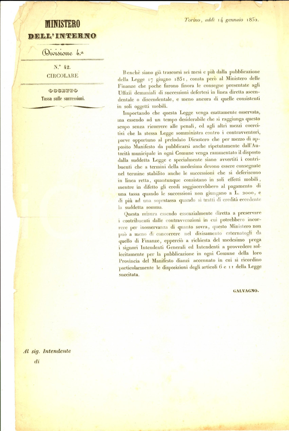 Manoscritto, lettera originale 1852 TORINO Nuove norme sulle successioni Lettera circolare DANNEGGIATA 1