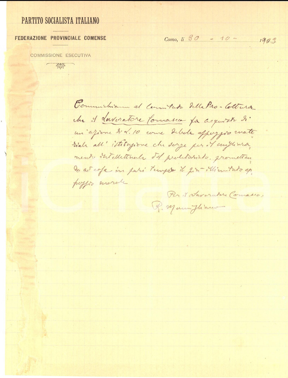 Autografo originale 1893 COMO PARTITO SOCIALISTA ITALIANO Lettera autografa di Riccardo MOMIGLIANO 1