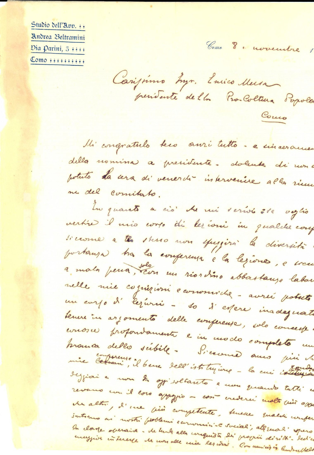 Manoscritto, lettera originale 1903 COMO Avv. Andrea BELTRAMINI programma un ciclo di conferenze Lettera 1
