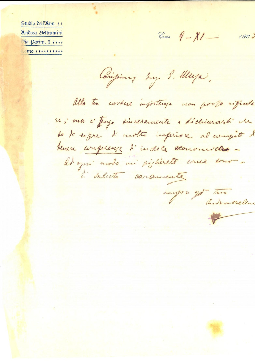 Manoscritto, lettera originale 1903 COMO Avv. Andrea BELTRAMINI rifiuta di tenere conferenze sull economia 1