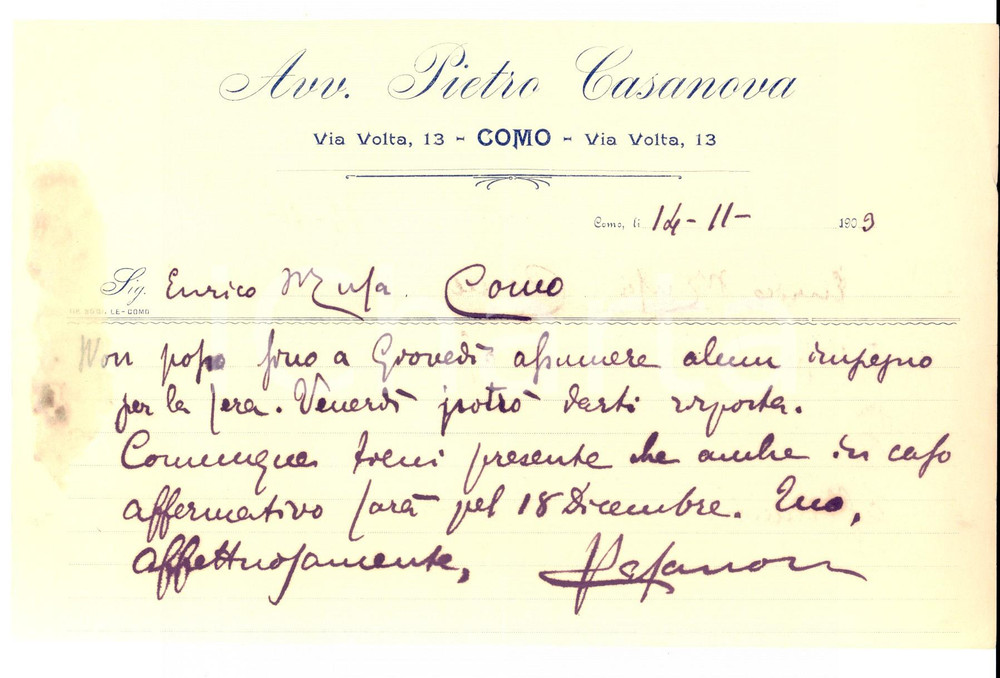 Documento originale, autentico 1909 COMO Avv. Pietro CASANOVA troppo impegnato per nuovi appuntamenti 1