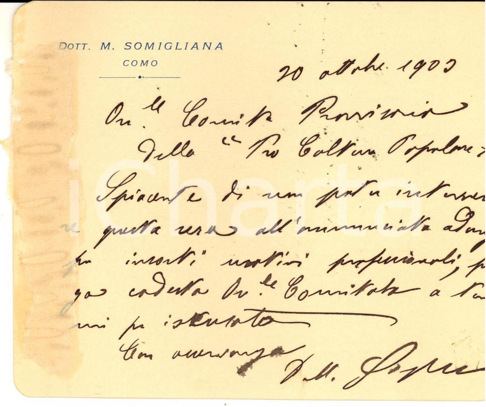 Documento originale, autentico 1903 COMO Dott. M. SOMIGLIANA rinuncia a intervento presso societÃ  culturale 1