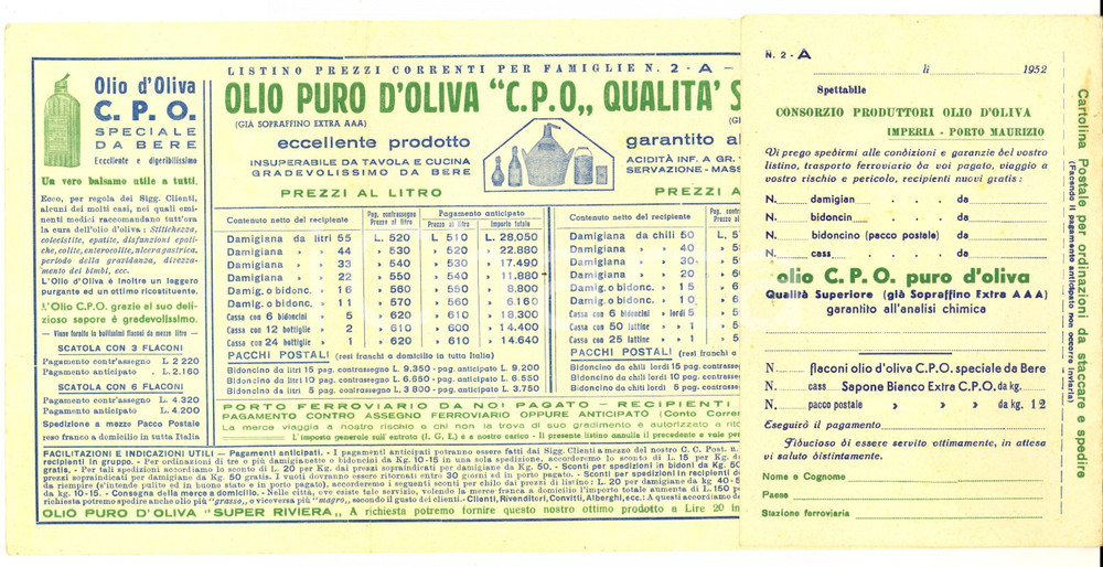 Materiale pubblicitario d’epoca 1952 IMPERIA PORTO MAURIZIO Consorzio produttori olio d oliva Listino prezzi 1