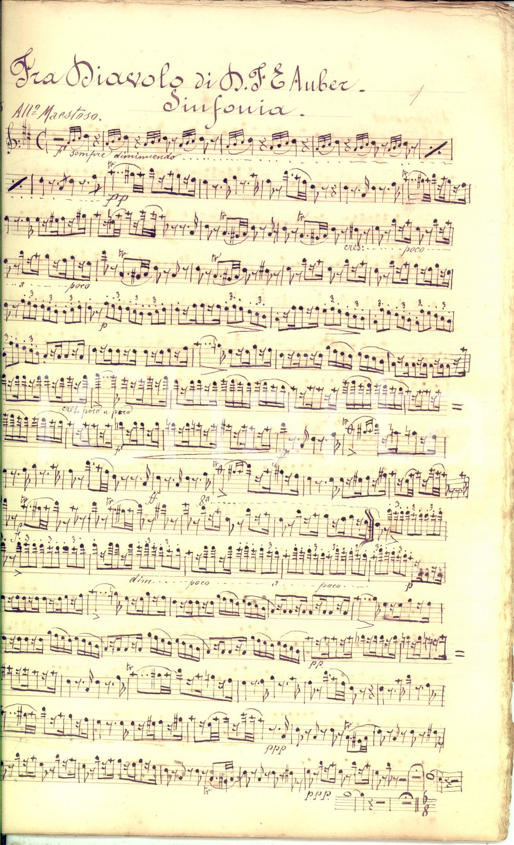 Oggetto da collezione cartaceo 1890 circa AUBER Fra Diavolo  Sinfonia Spartito manoscritto per pianoforte 1