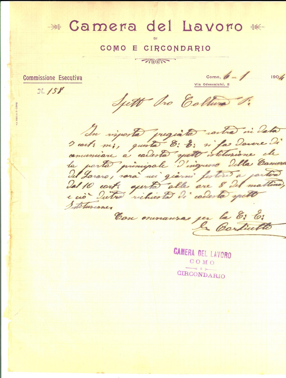 Manoscritto, lettera originale 1904 COMO CAMERA DEL LAVORO Lettera CORTICELLI sulla porta d ingresso 1