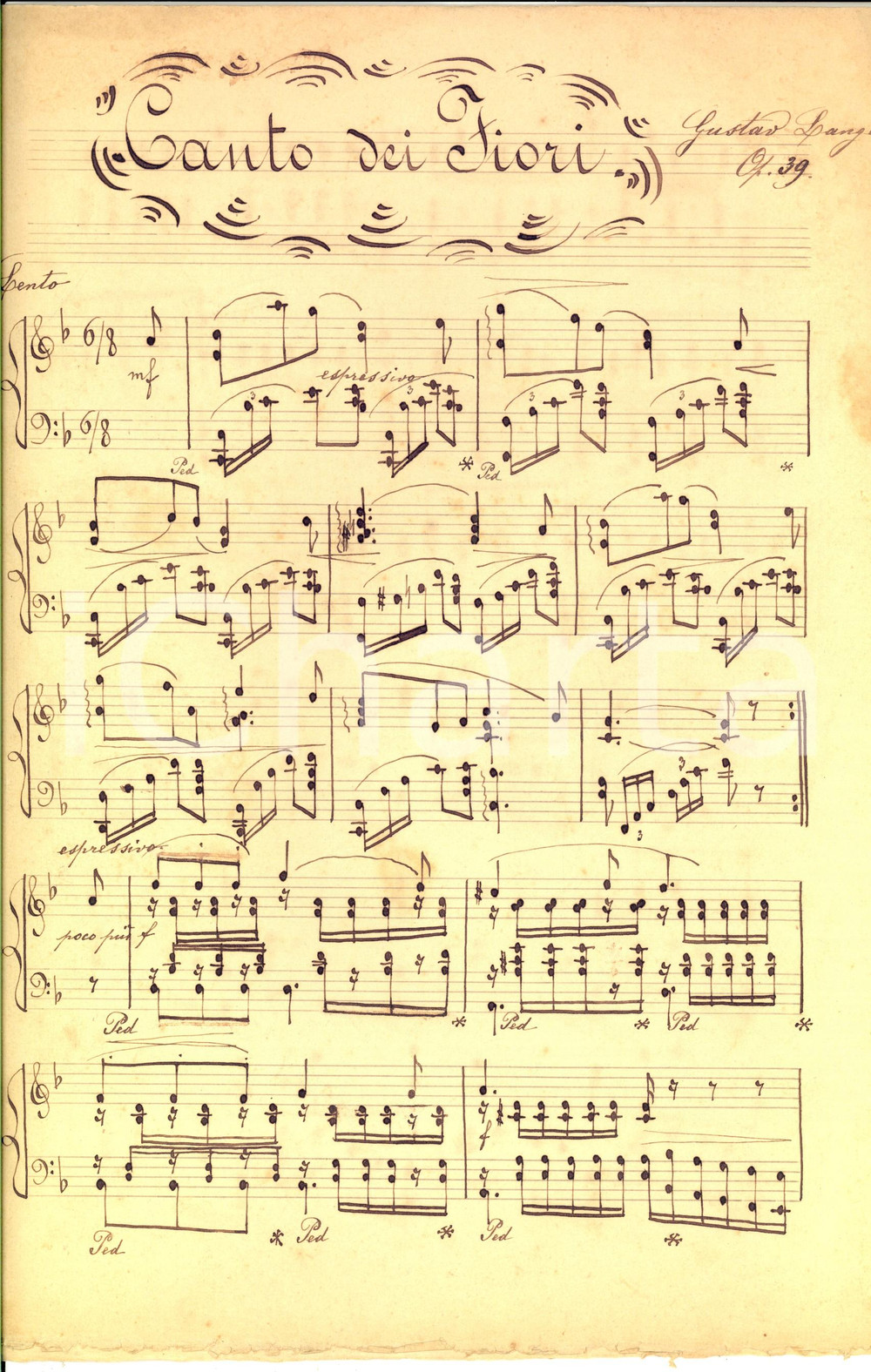Oggetto da collezione cartaceo 1880 ca Gustav LANGE Canto dei Fiori op. 39 Spartito manoscritto per flauto 1