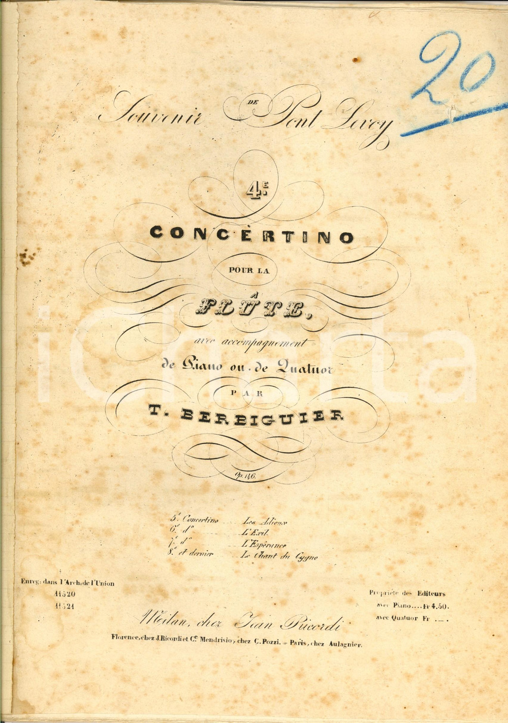 Oggetto da collezione cartaceo 1850 ca BERBIGUIER 4e Concertino pour la flute  piano ou quatuor MILANO RICORDI 1