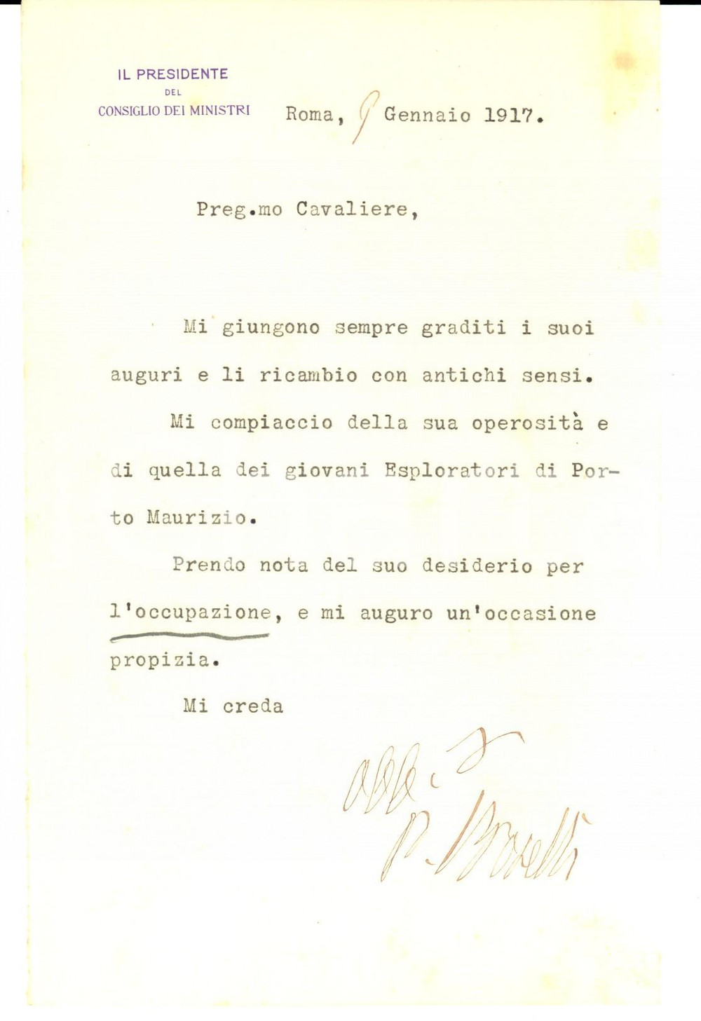 Autografo originale 1917 ROMA Primo Ministro Paolo BOSELLI ricambia gli auguri AUTOGRAFO 1