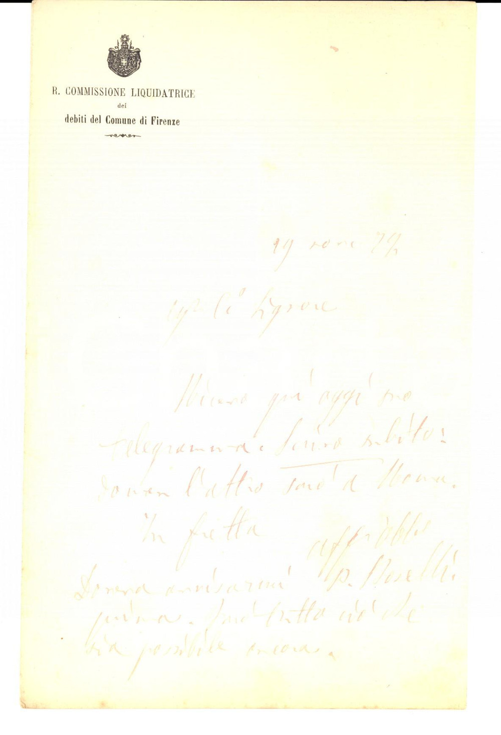 Autografo originale 1879 FIRENZE Commissione Liquidatrice Debiti  Lettera Paolo BOSELLI AUTOGRAFA 1