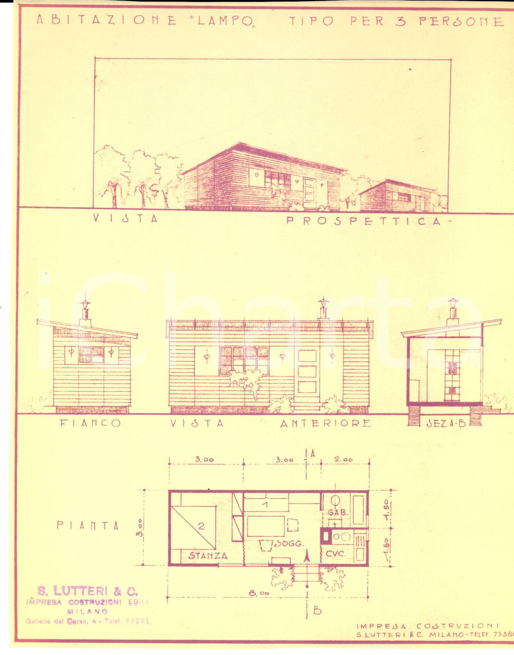Stampa, bozzetto originale 1950 ca MILANO Ditta S. LUTTERI Progetto per abitazione LAMPO per 3 persone 1