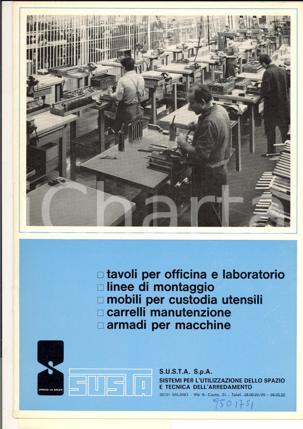 Materiale pubblicitario d’epoca 1970 ca MILANO Via Costa 31 Ditta SUSTA Tavoli officina e laboratorio Catalogo 1