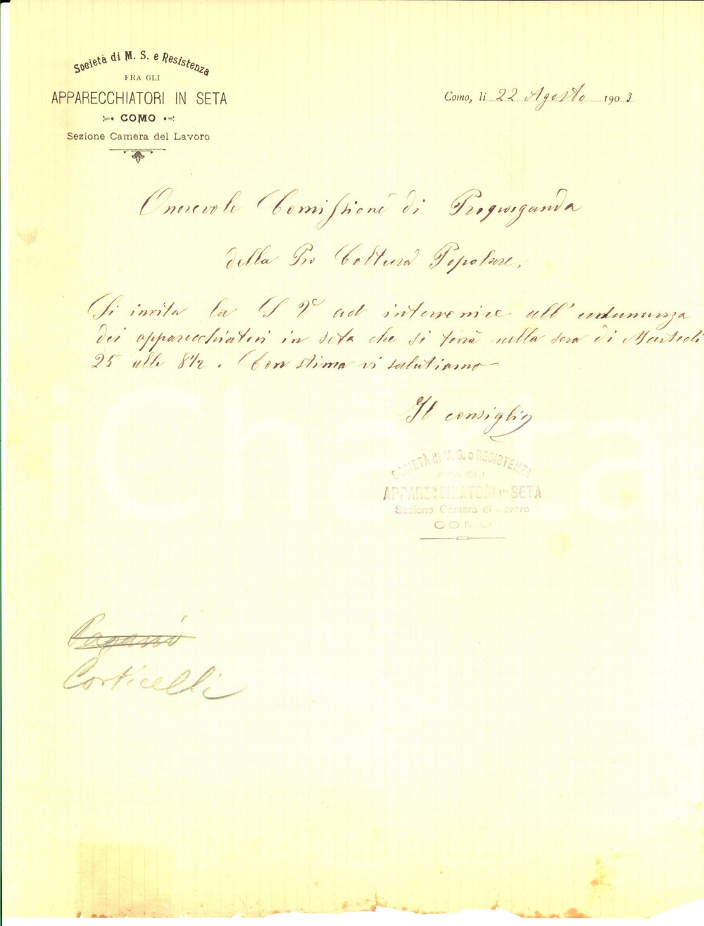 Manoscritto, lettera originale 1903 COMO Lettera della SocietÃ  di Mutuo Soccorso APPARECCHIATORI IN SETA 1