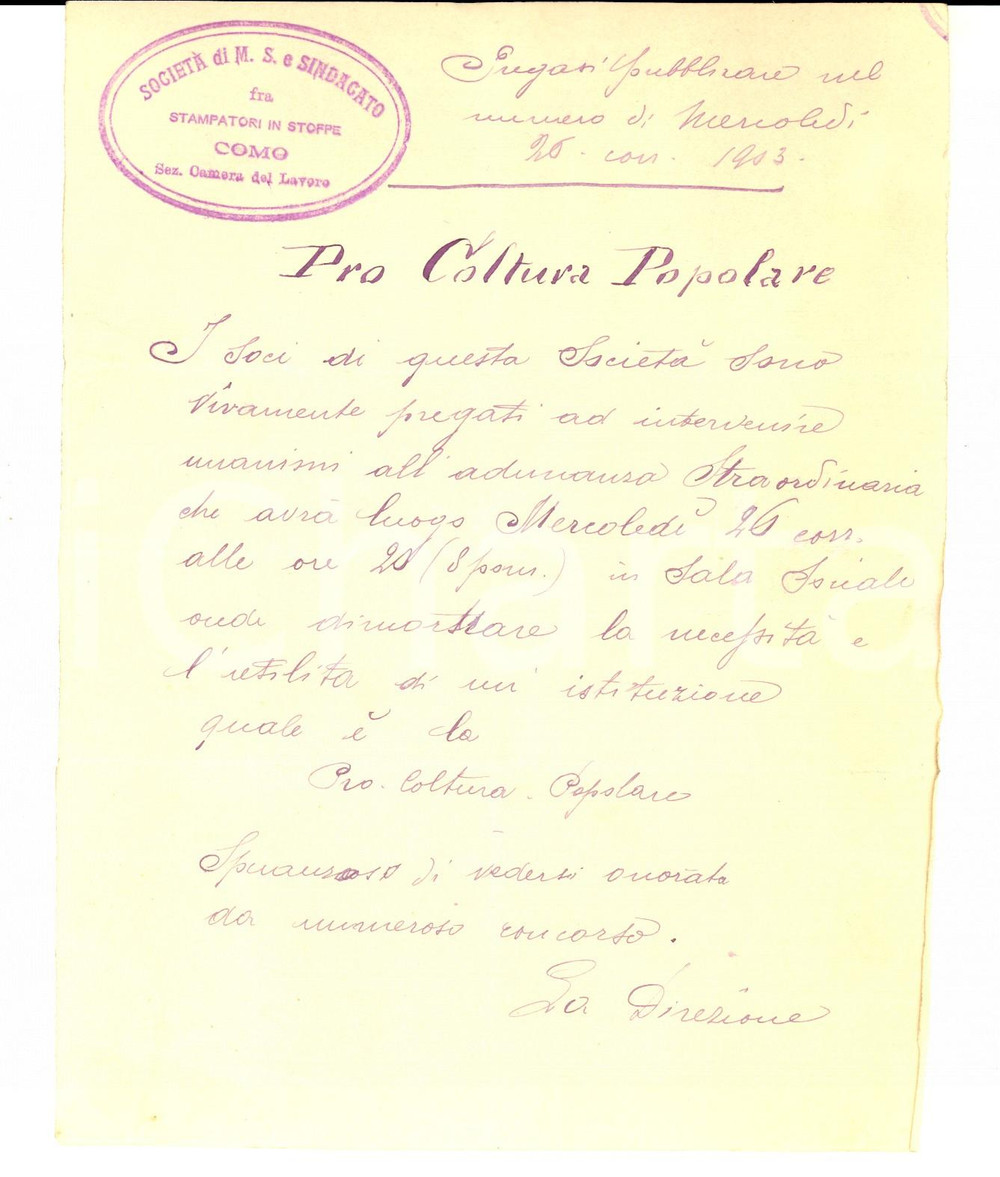 Manoscritto, lettera originale 1903 COMO Avviso alla SocietÃ  di Mutuo Soccorso fra STAMPATORI IN STOFFE 1
