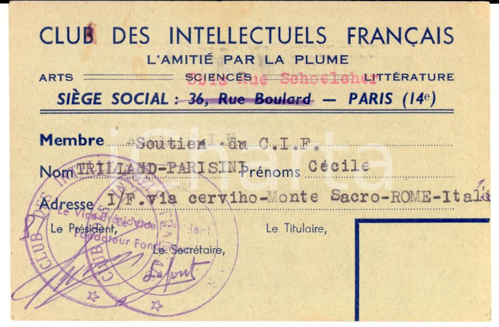 Oggetto da collezione cartaceo 1962 Club des Intellectuels FranÃ§ais  Tessera CÃ©cile TRILLANDPARISIN 1