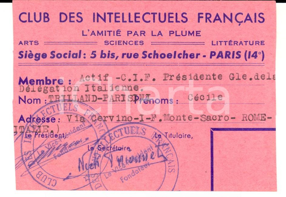 Oggetto da collezione cartaceo 1964 Club des Intellectuels FranÃ§ais  Tessera CÃ©cile TRILLANDPARISIN 1