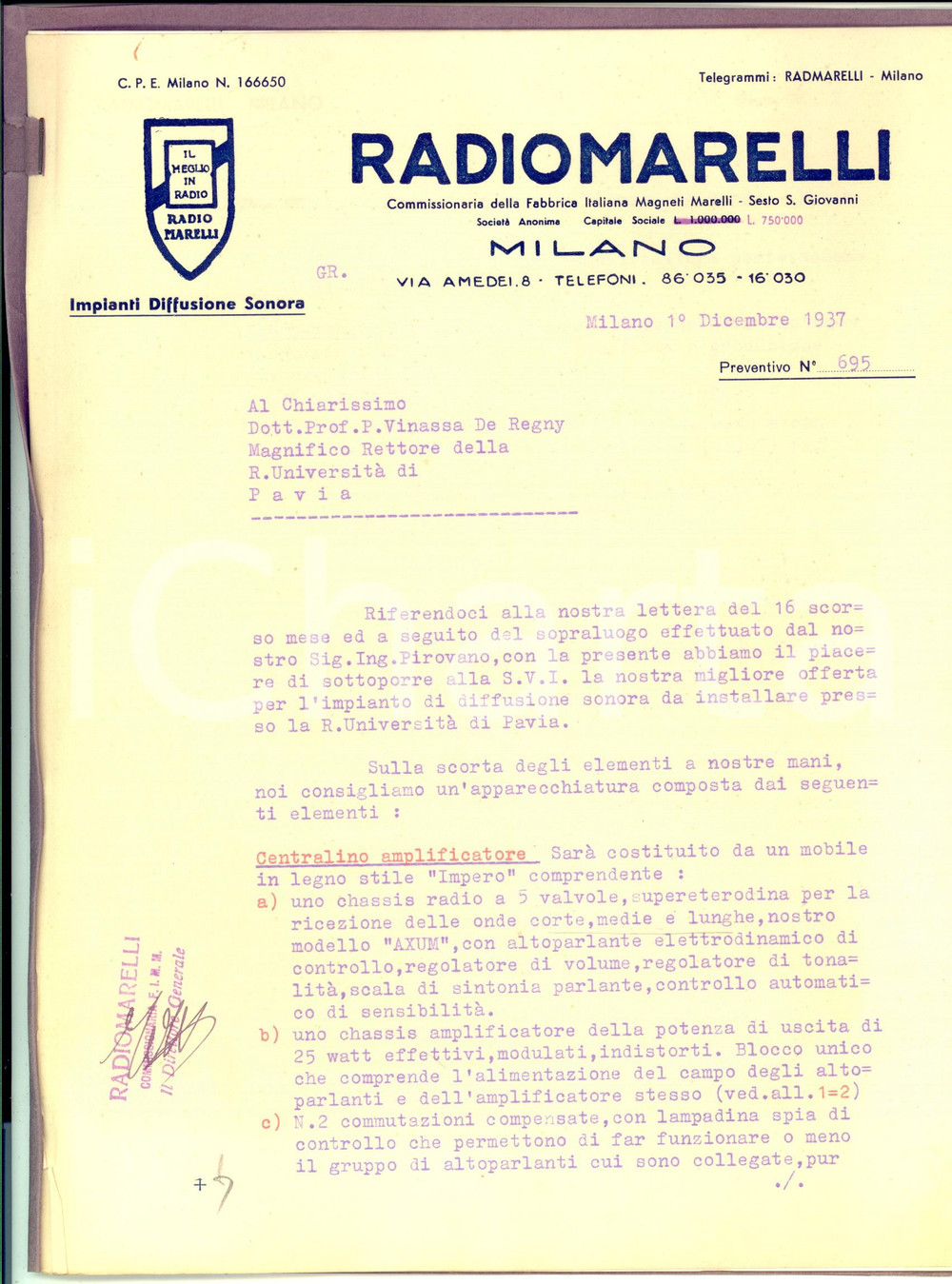 Materiale pubblicitario d’epoca 1937 MILANO RADIOMARELLI Preventivo centralino amplificatore ILLUSTRATO 12 pp. 1