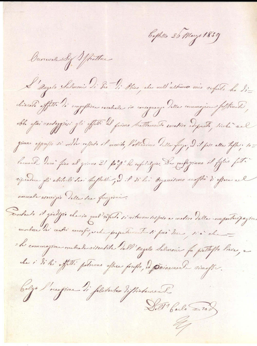 Manoscritto, lettera originale 1859 CASTELLO CH Dottore Carlo PRODI cura Angelo SALMONI congestione cerebrale 1