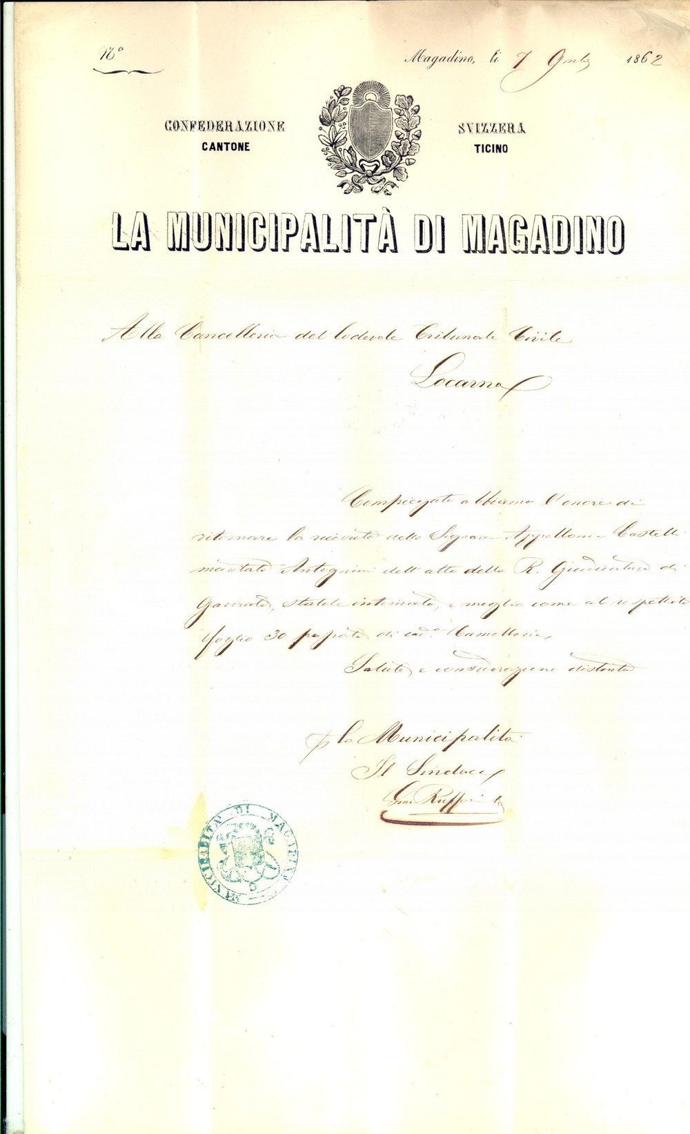 Manoscritto, lettera originale 1862 MAGADINO CH Lettera sulle carte di Appollonia CASTELLI Prefilatelica 1
