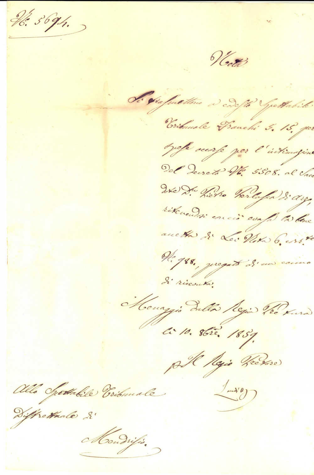 Manoscritto, lettera originale 1859 MENAGGIO CH Spese per i documenti di don Pietro PERLASCA Prefilatelica 1