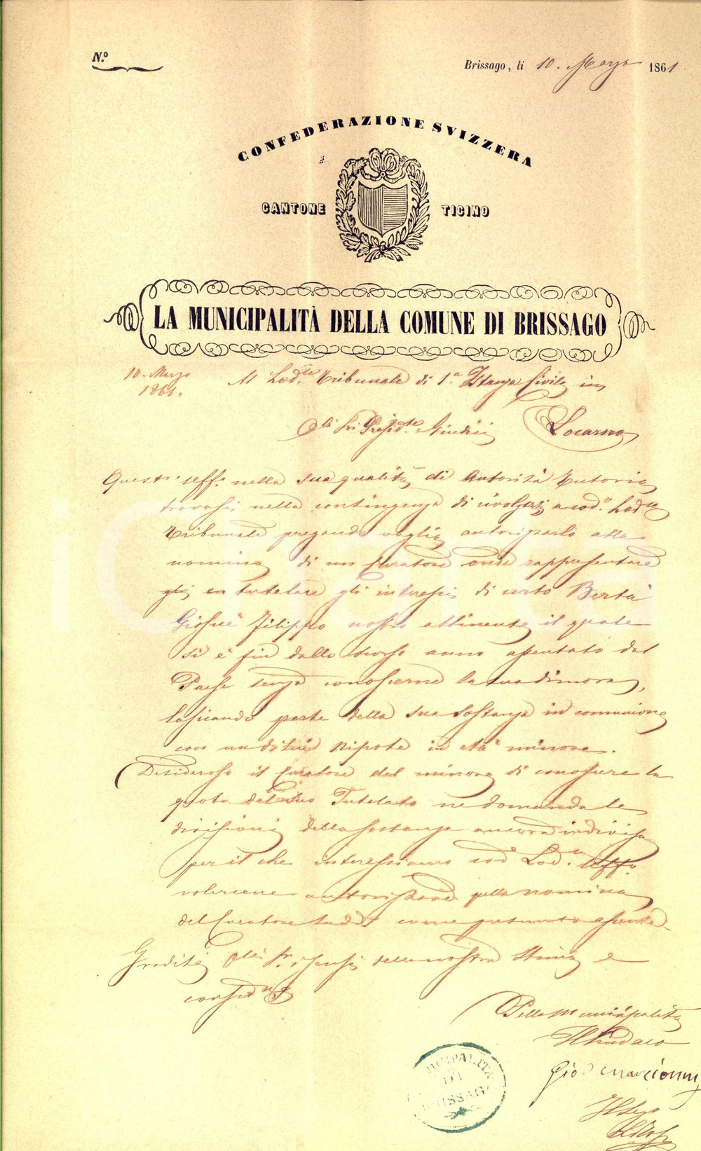 Manoscritto, lettera originale 1861 BRISSAGO CH Nomina curatore per beni di GiosuÃ¨ Filippo BERTA  scomparso 1