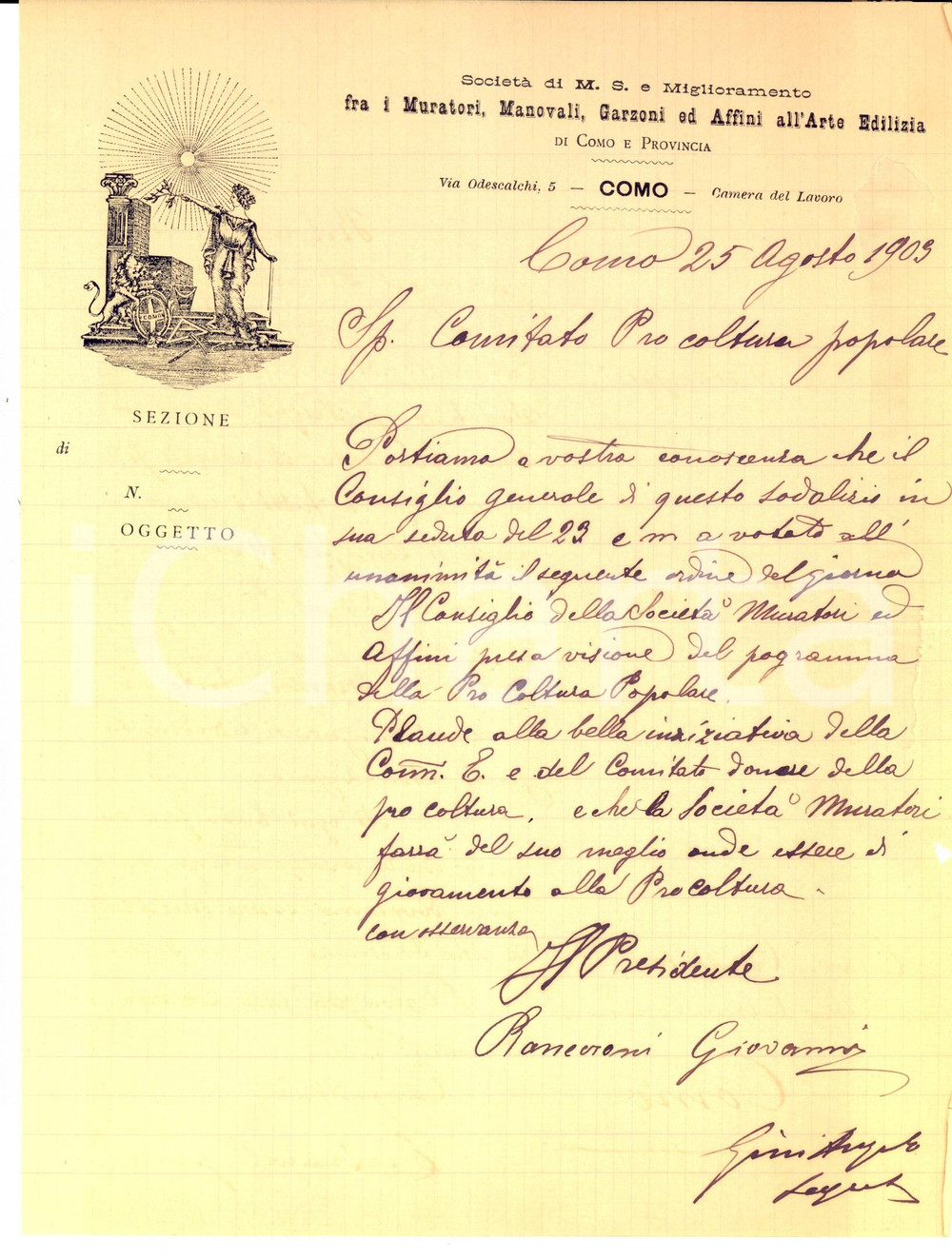 1903 COMO Lettera della Società di Mutuo Soccorso ARTE EDILIZIA alla Pro Coltura