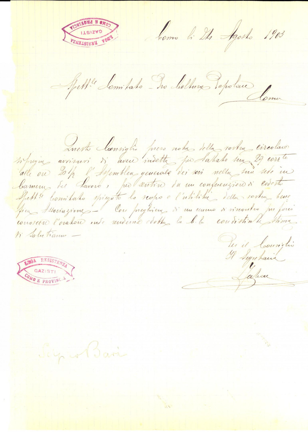 Manoscritto, lettera originale 1903 COMO Lega Resistenza GAZISTI indice assemblea generale Lettera DANNEGGIATA 1
