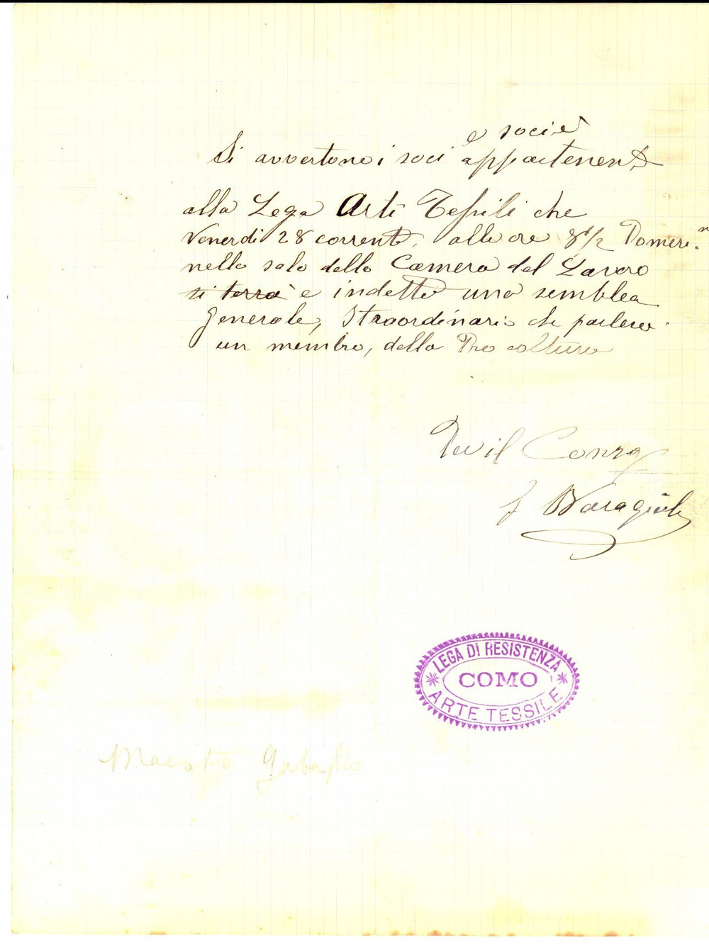 Manoscritto, lettera originale 1900 ca COMO Lega Resistenza ARTE TESSILE indice assemblea generale Lettera 1