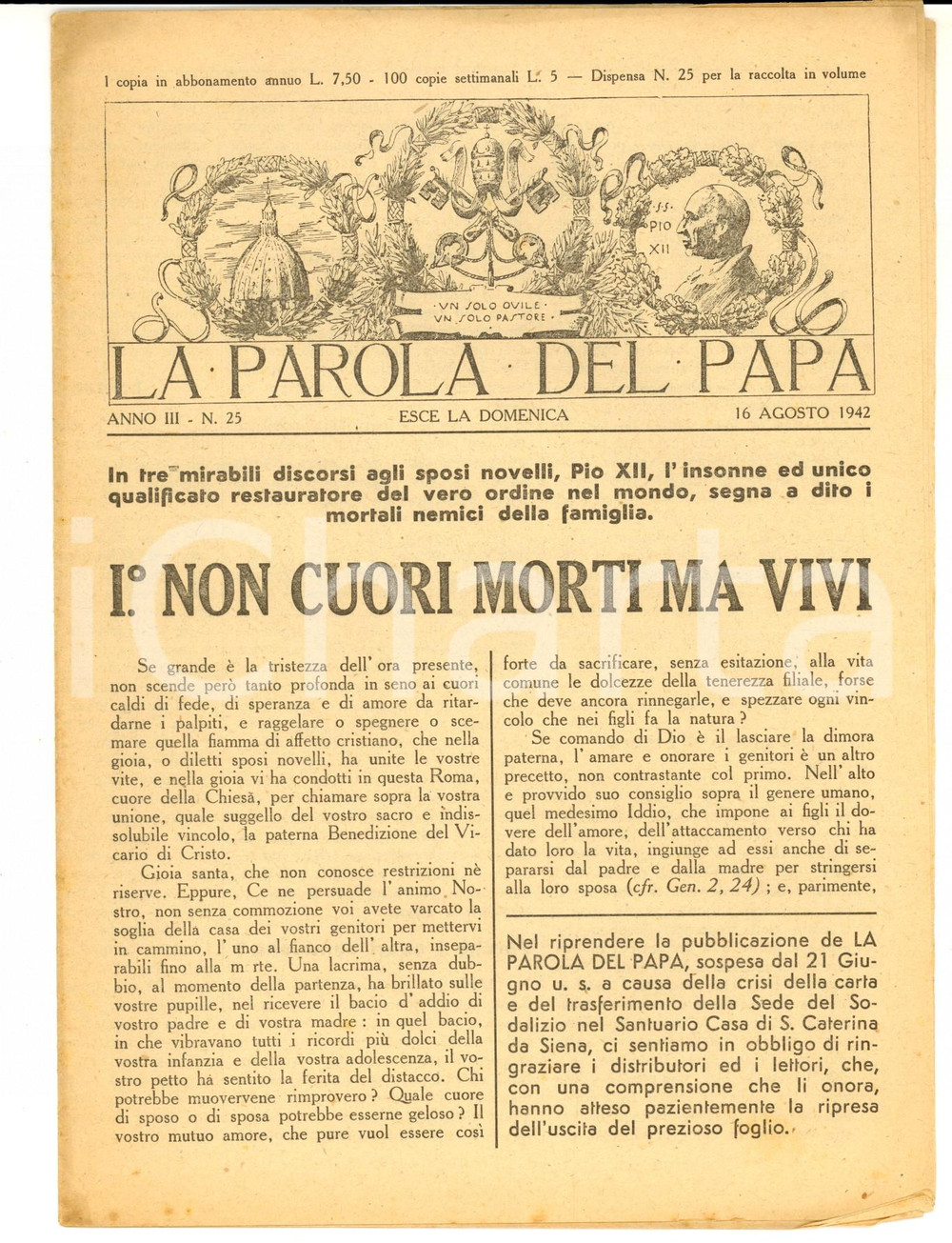 Giornale, rivista storica 1942 LA PAROLA DEL PAPA Non cuori morti, ma vivi Bollettino anno III n°25 1