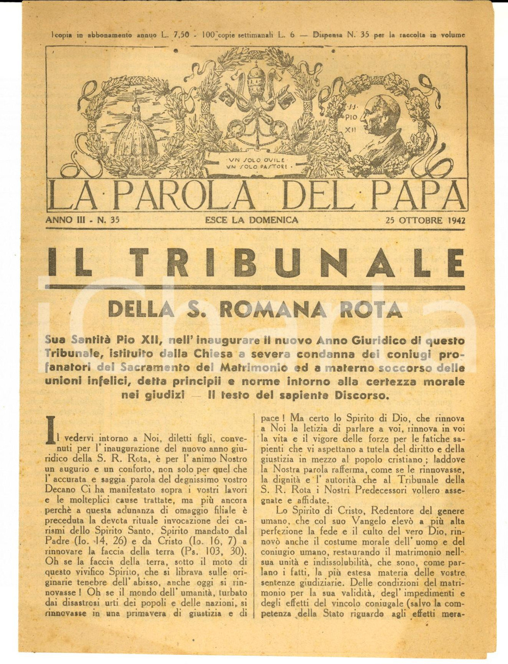 Giornale, rivista storica 1942 LA PAROLA DEL PAPA La SACRA ROTA e i profanatori del matrimonio Bollettino 1