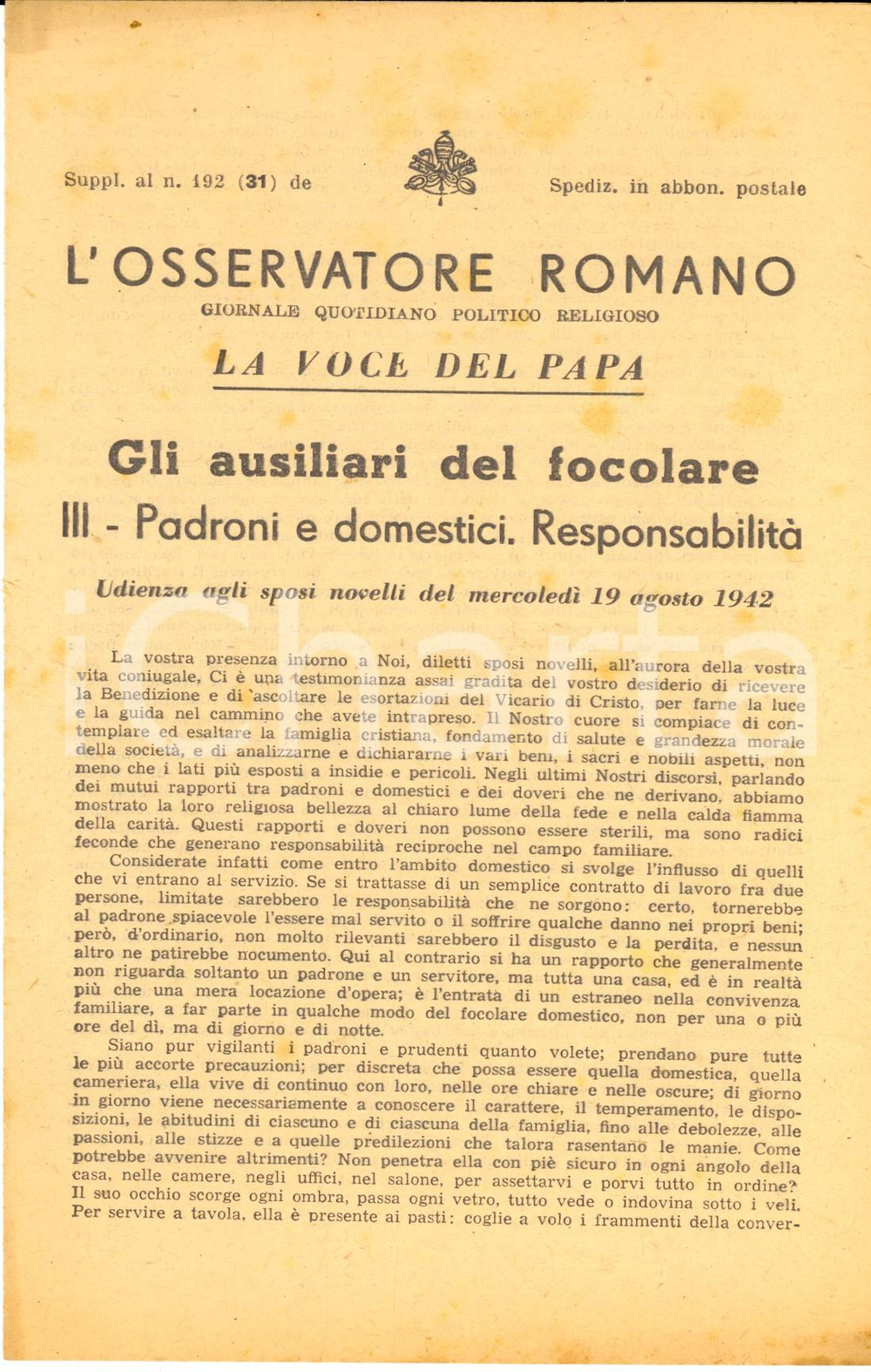 Giornale, rivista storica 1942 L OSSERVATORE ROMANO Padroni e domestici  Responsabilità Suppl. al n° 192 1