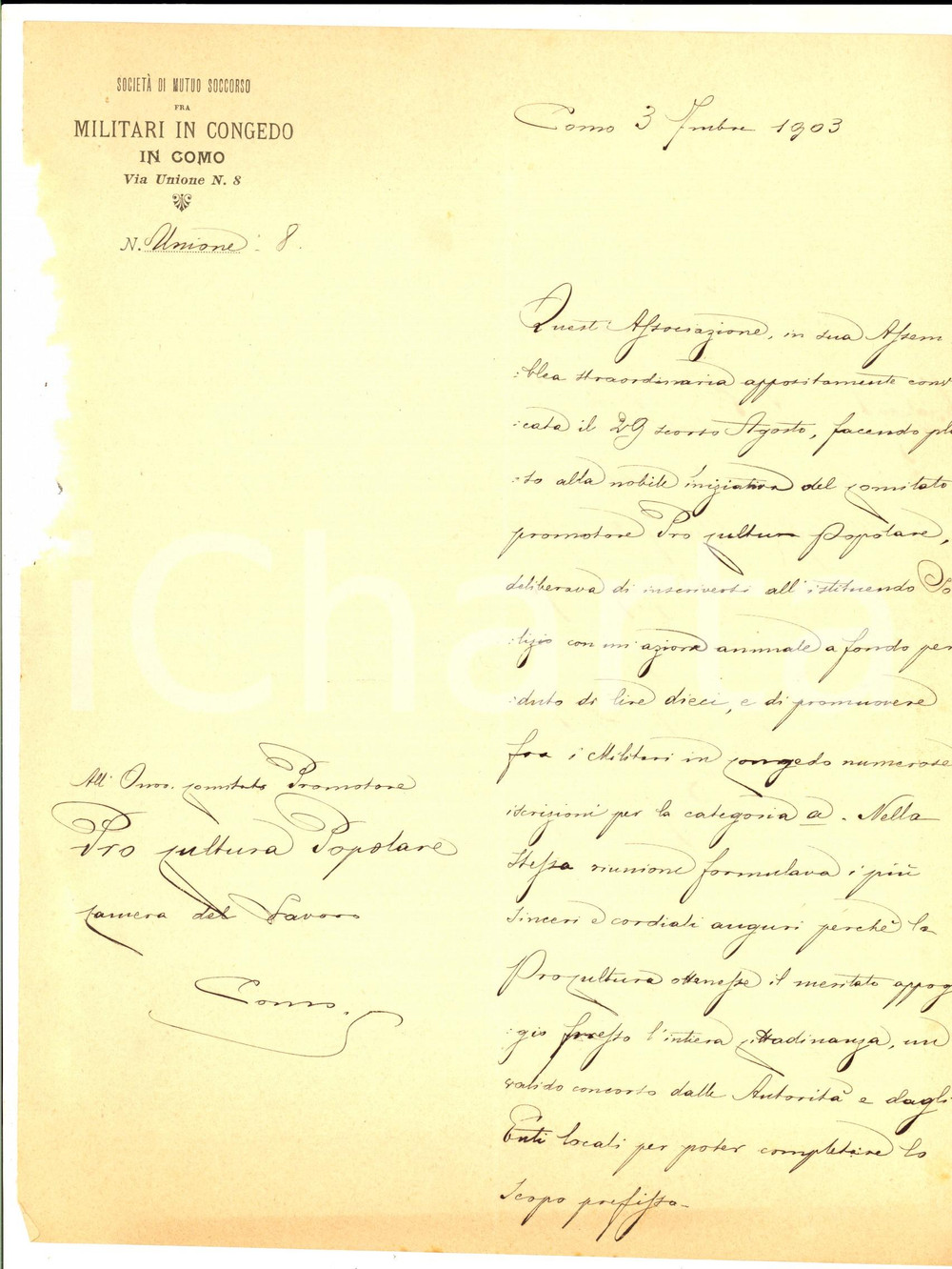 Manoscritto, lettera originale 1903 COMO Lettera SocietÃ  di Mutuo Soccorso MILITARI IN CONGEDO Pro Cultura 1