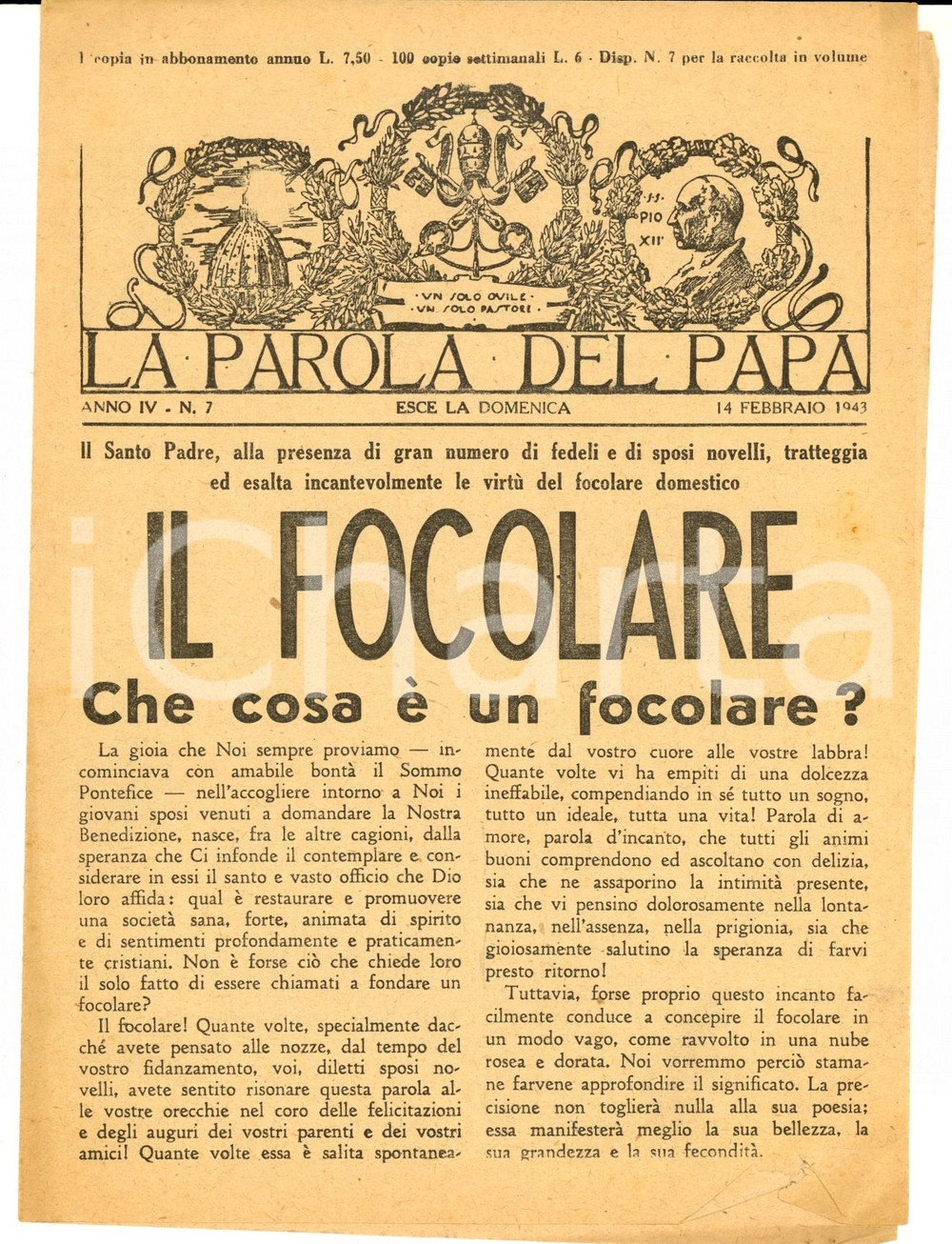 Giornale, rivista storica 1943 LA PAROLA DEL PAPA Che cosa é un focolare? Bollettino anno IV nÂ°17 1