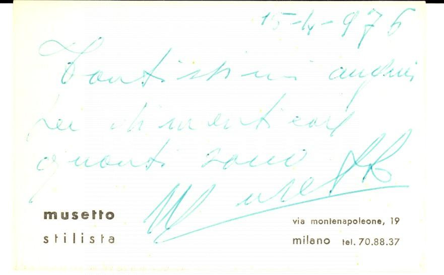 Oggetto da collezione cartaceo 1976 MILANO Via MONTENAPOLEONE Biglietto stilista MUSETTO AUTOGRAFO 1