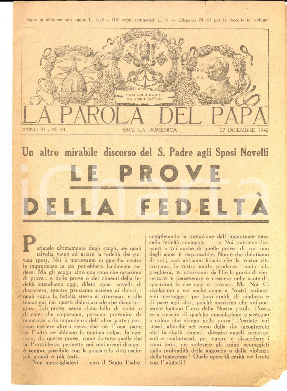 Giornale, rivista storica 1942 LA PAROLA DEL PAPA Le prove della fedeltà coniugale Anno III n°43 1