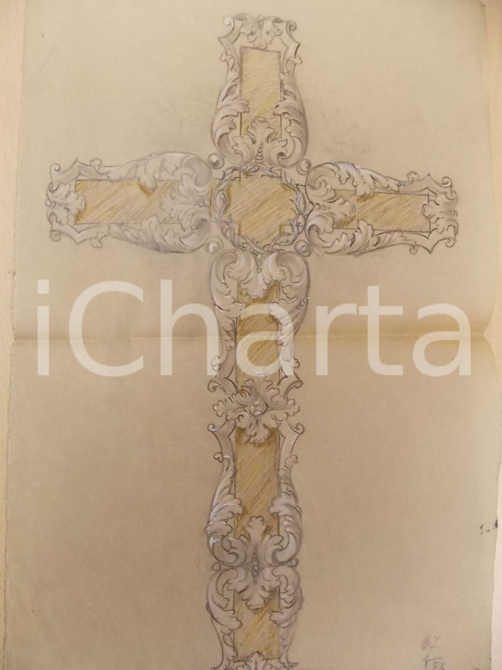 Stampa, bozzetto originale 1935 ca MILANO Studio per crocifisso dorato Bozzetto DISEGNATO A MANO 1